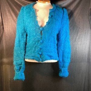Vintage 80’s teal cardigan sweater Box C Hand knitted. Has not been laundered.‎